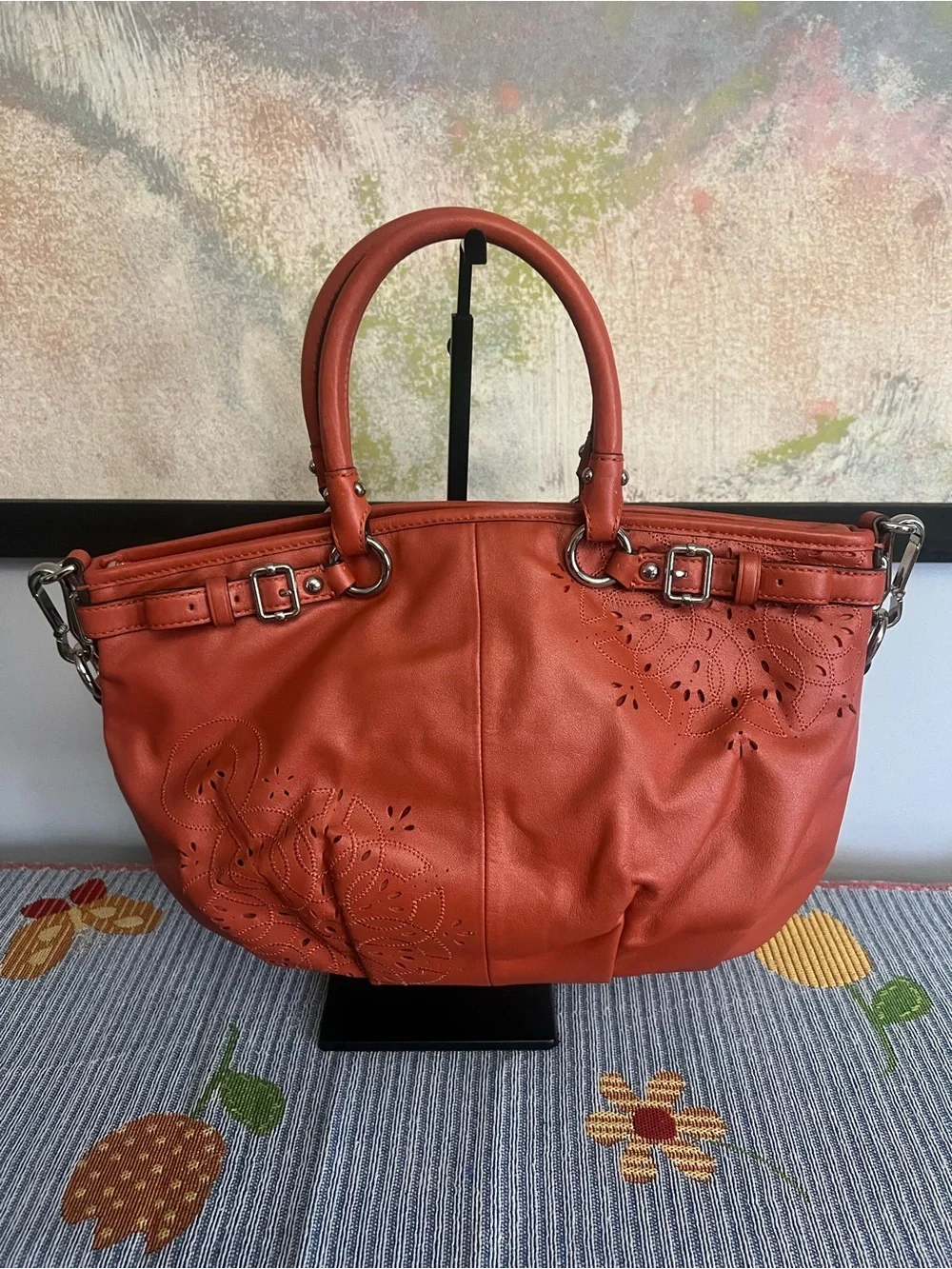 Coach Madison Tossed Lace Lindsey Orange Leather Satchel HTF
